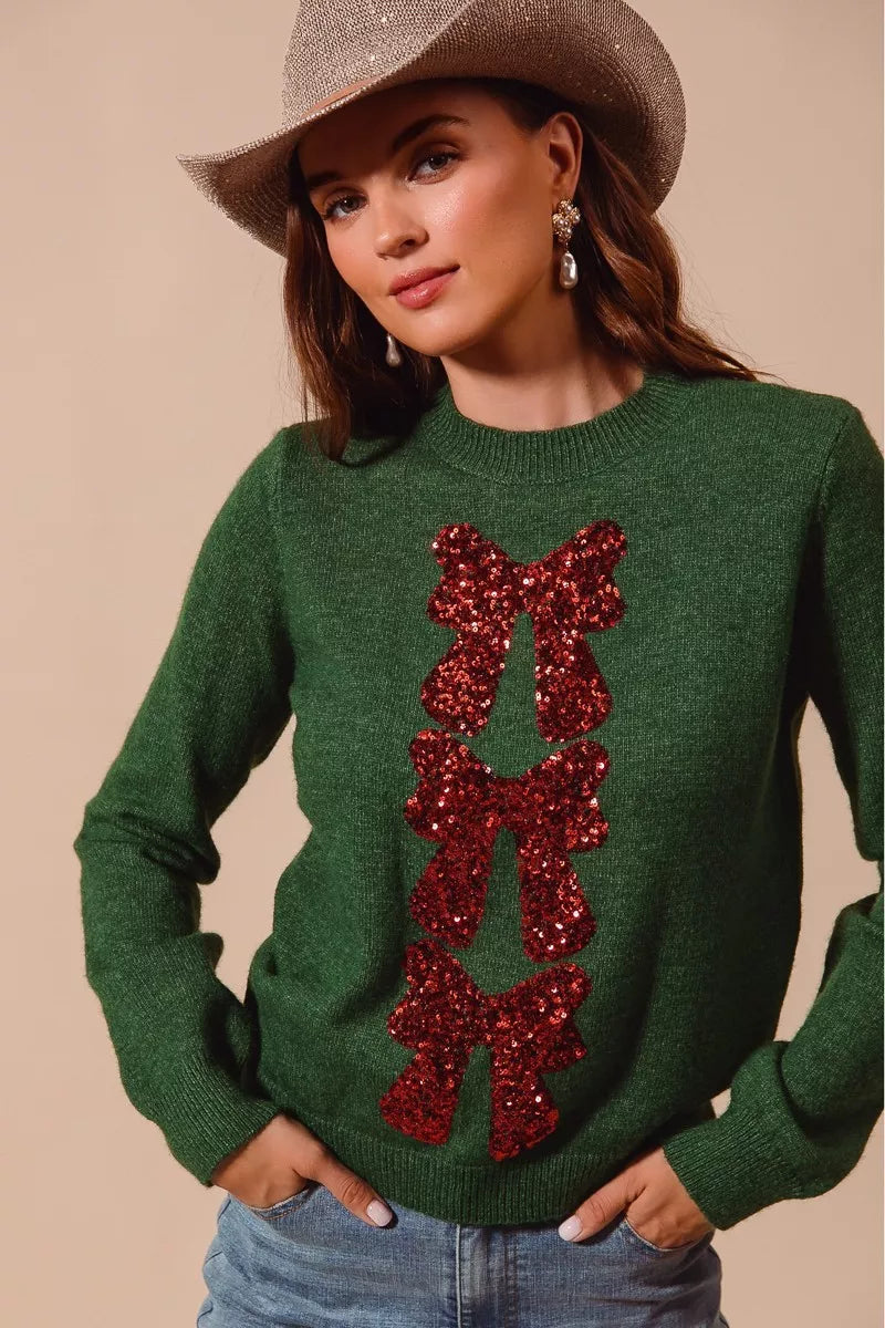 SO ME Sequins Bow Ribbon Embellished Christmas Sweater 