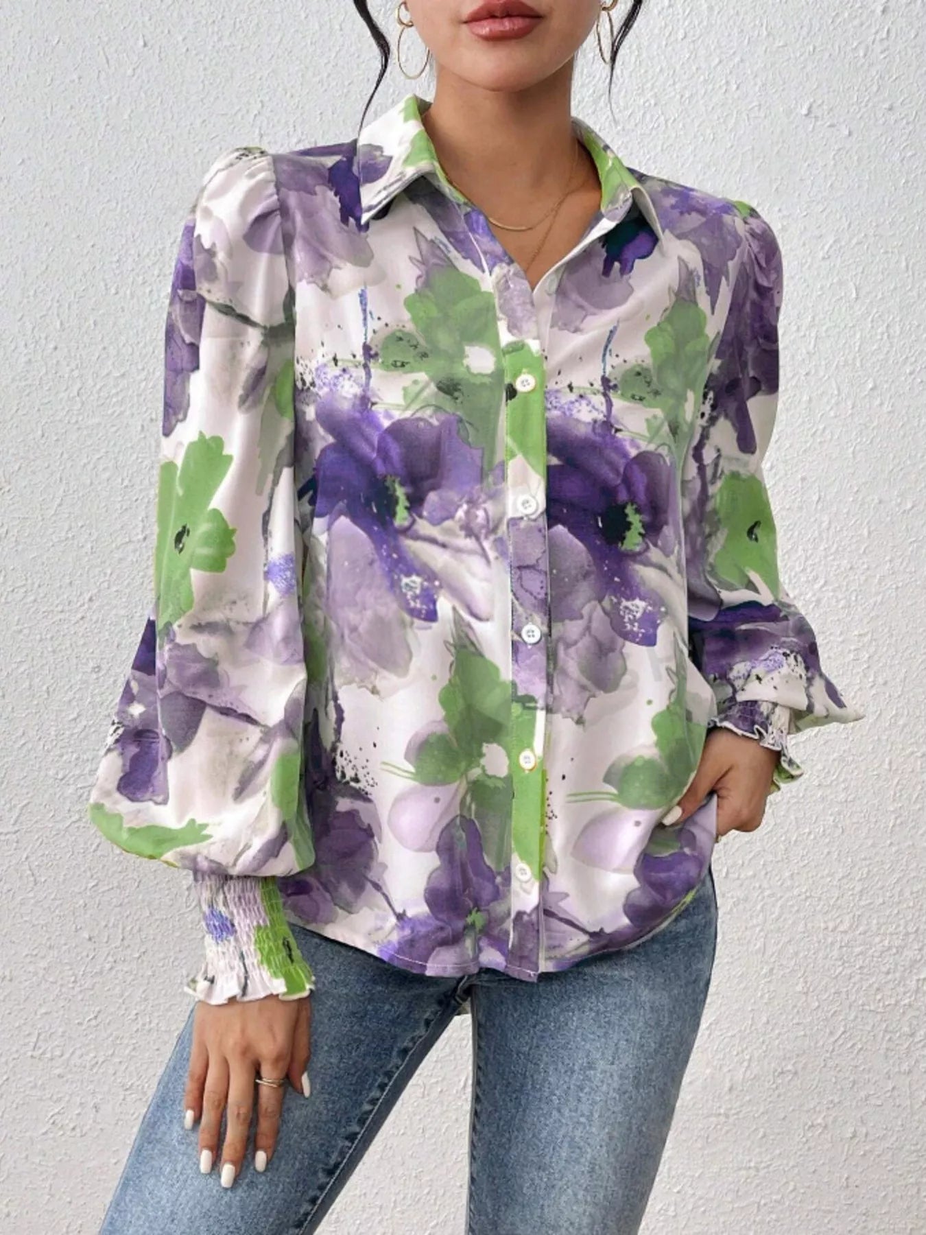 Printed Button Up Lantern Sleeve Shirt 