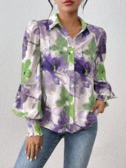 Printed Button Up Lantern Sleeve Shirt 