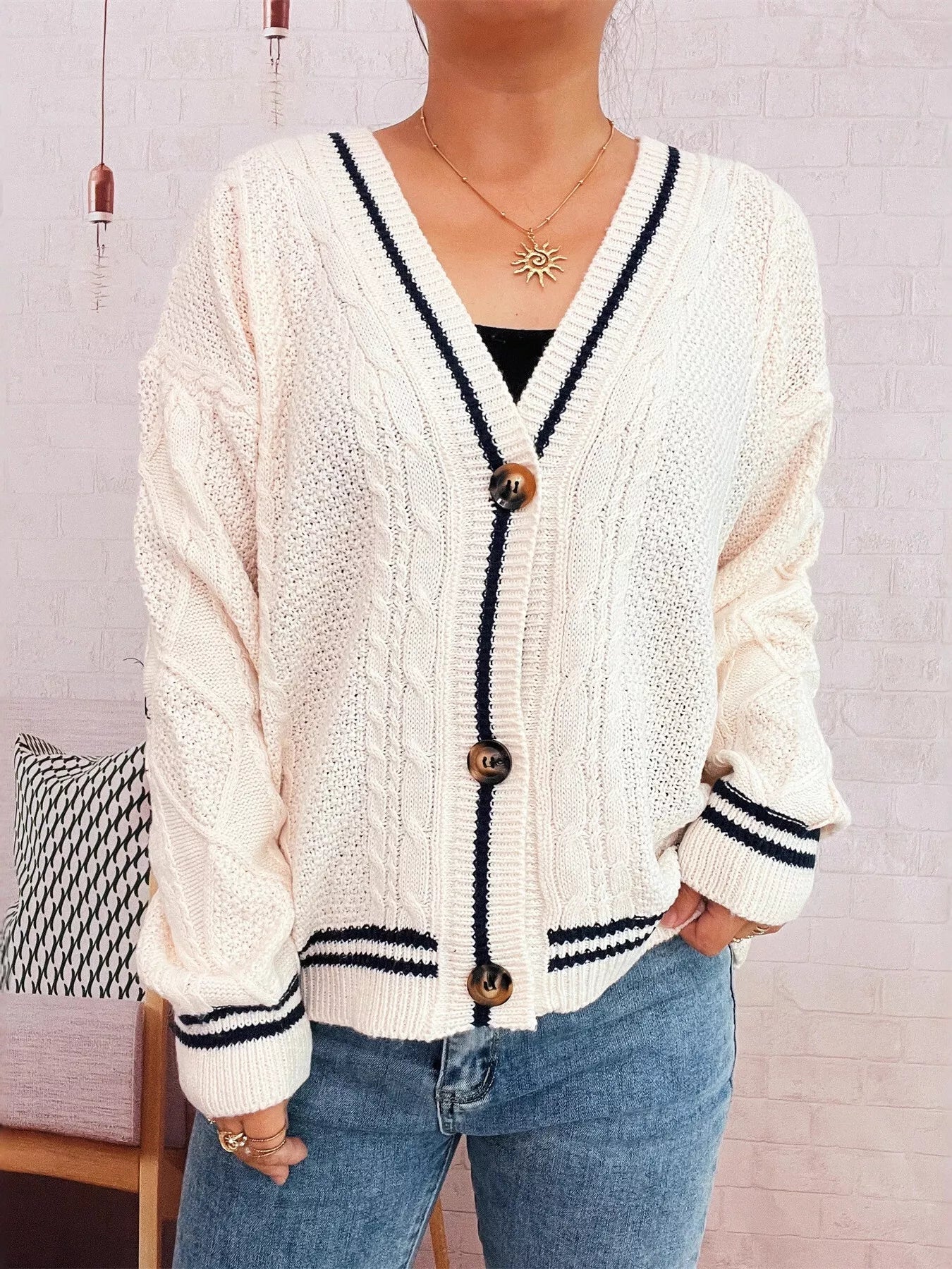 Star Pattern Button-Up Cardigan with Contrast Trim 