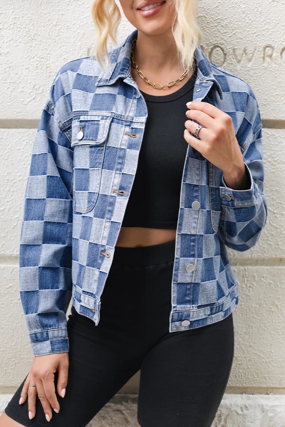 Checkered Button Up Long Sleeve Denim Jacket 