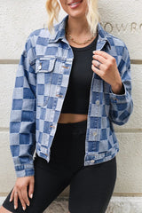 Checkered Button Up Long Sleeve Denim Jacket 