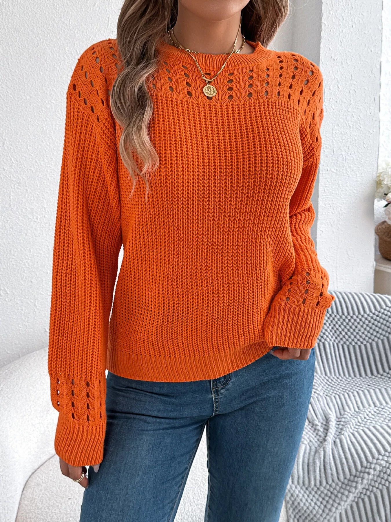 Openwork Round Neck Long Sleeve Sweater 