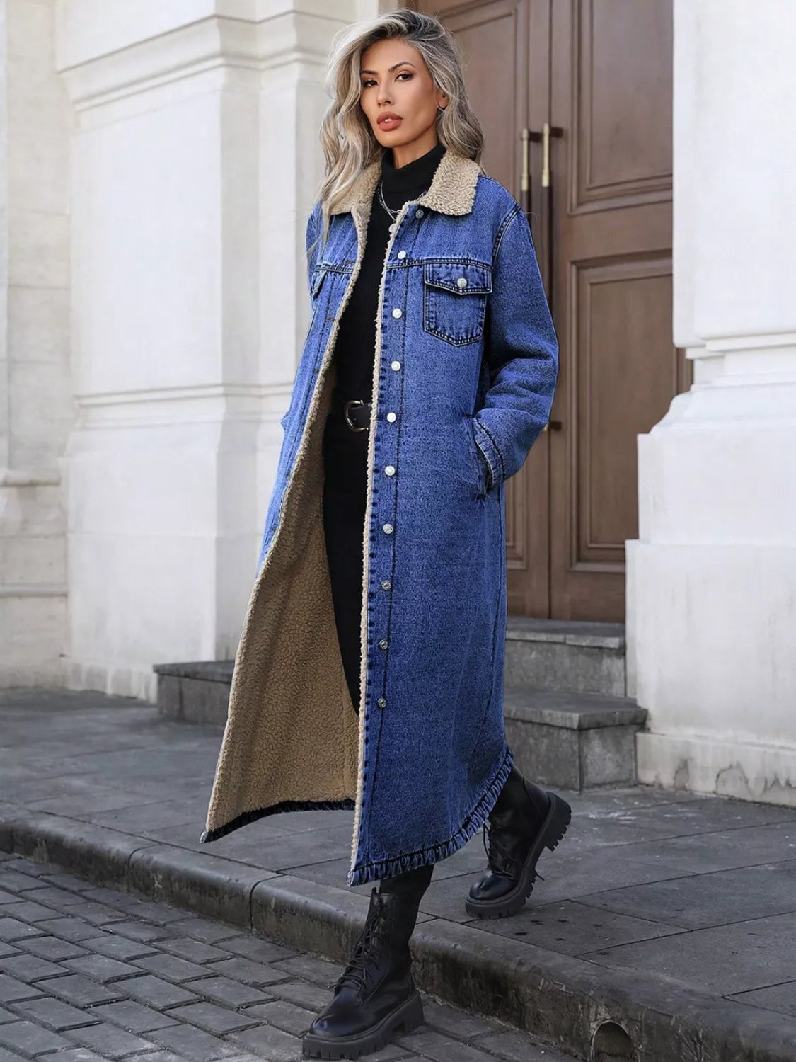 Sherpa Lined Longline Denim Jacket 