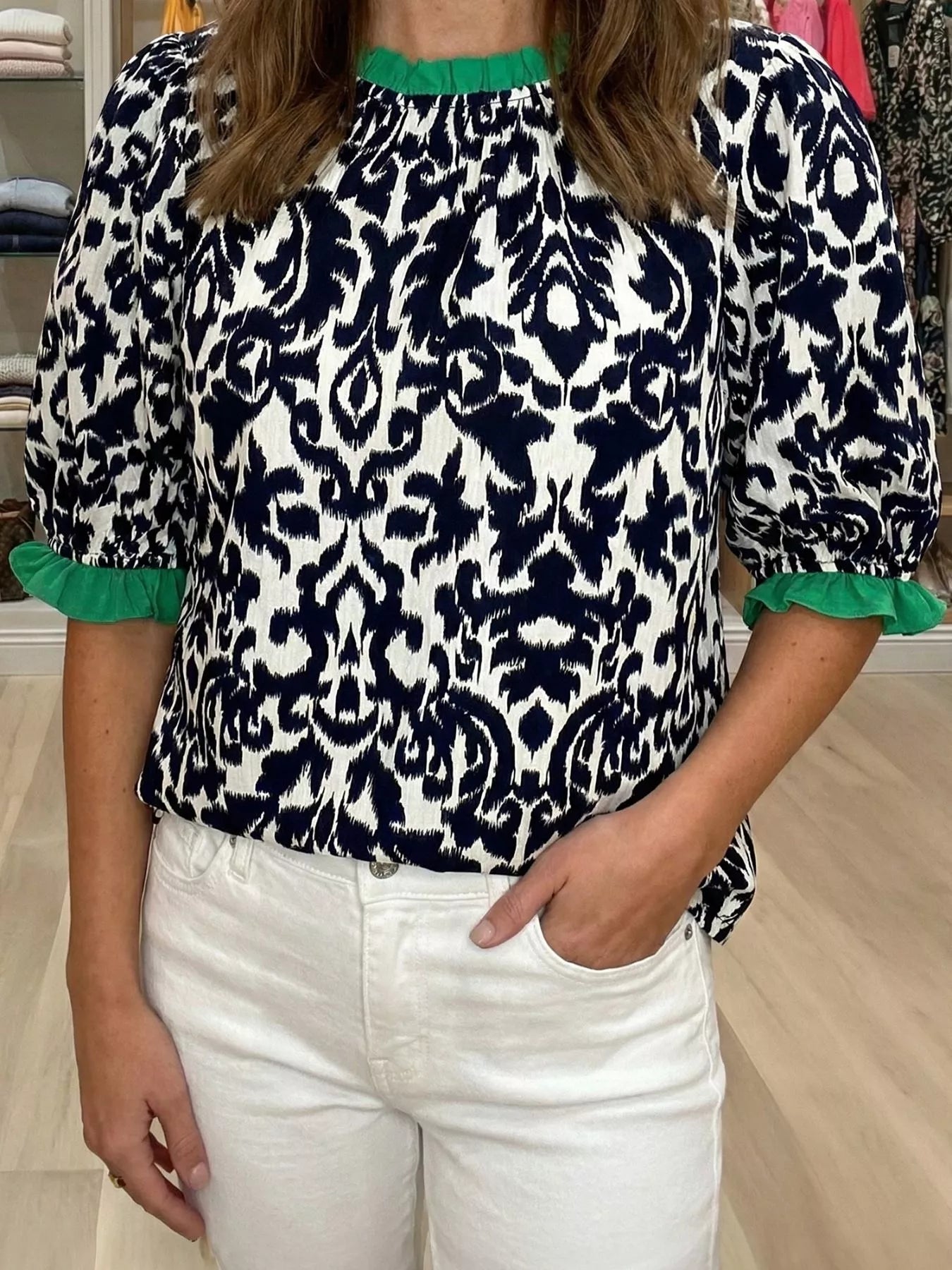 Damask Print Ruffled Color Block Detail Half Sleeve Blouse 