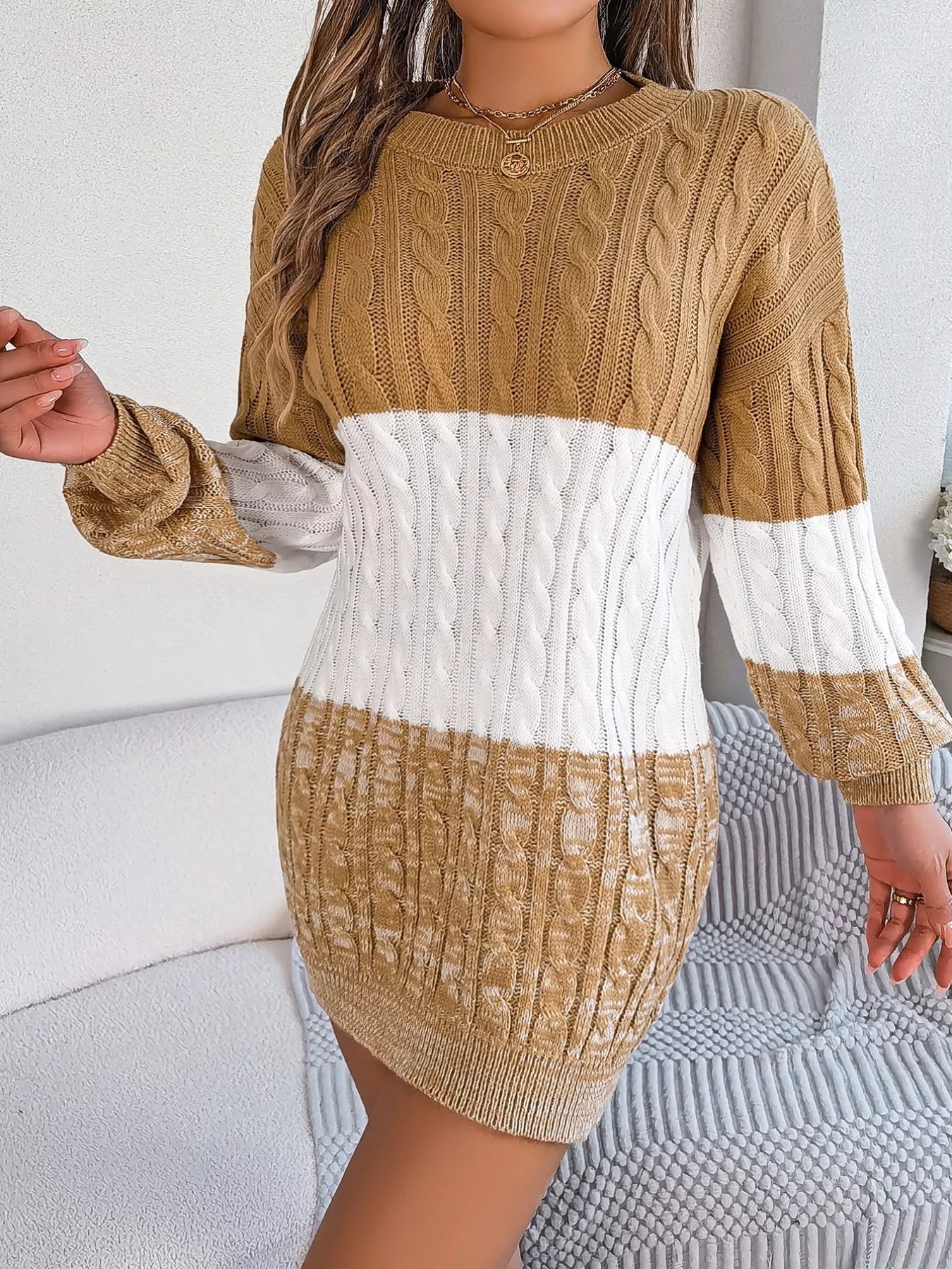 Color Block Cable Knit Sweater Dress with Textured Pattern 