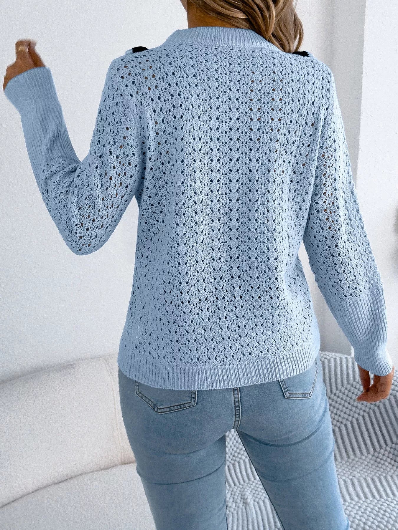 Hollow-Out Knit Top with Contrast Trim 