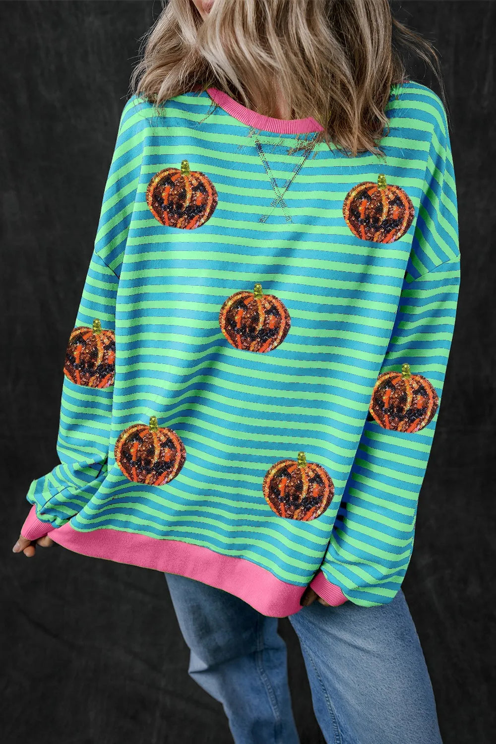 Pumpkin Striped Round Neck Long Sleeve Sweatshirt 