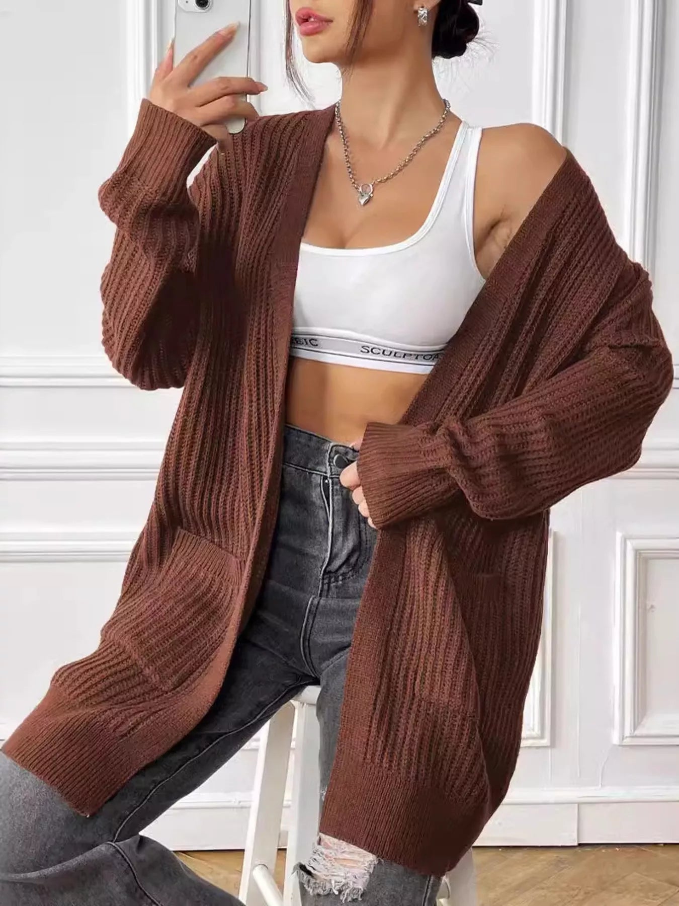 Open Front Drop Shoulder Cardigan 