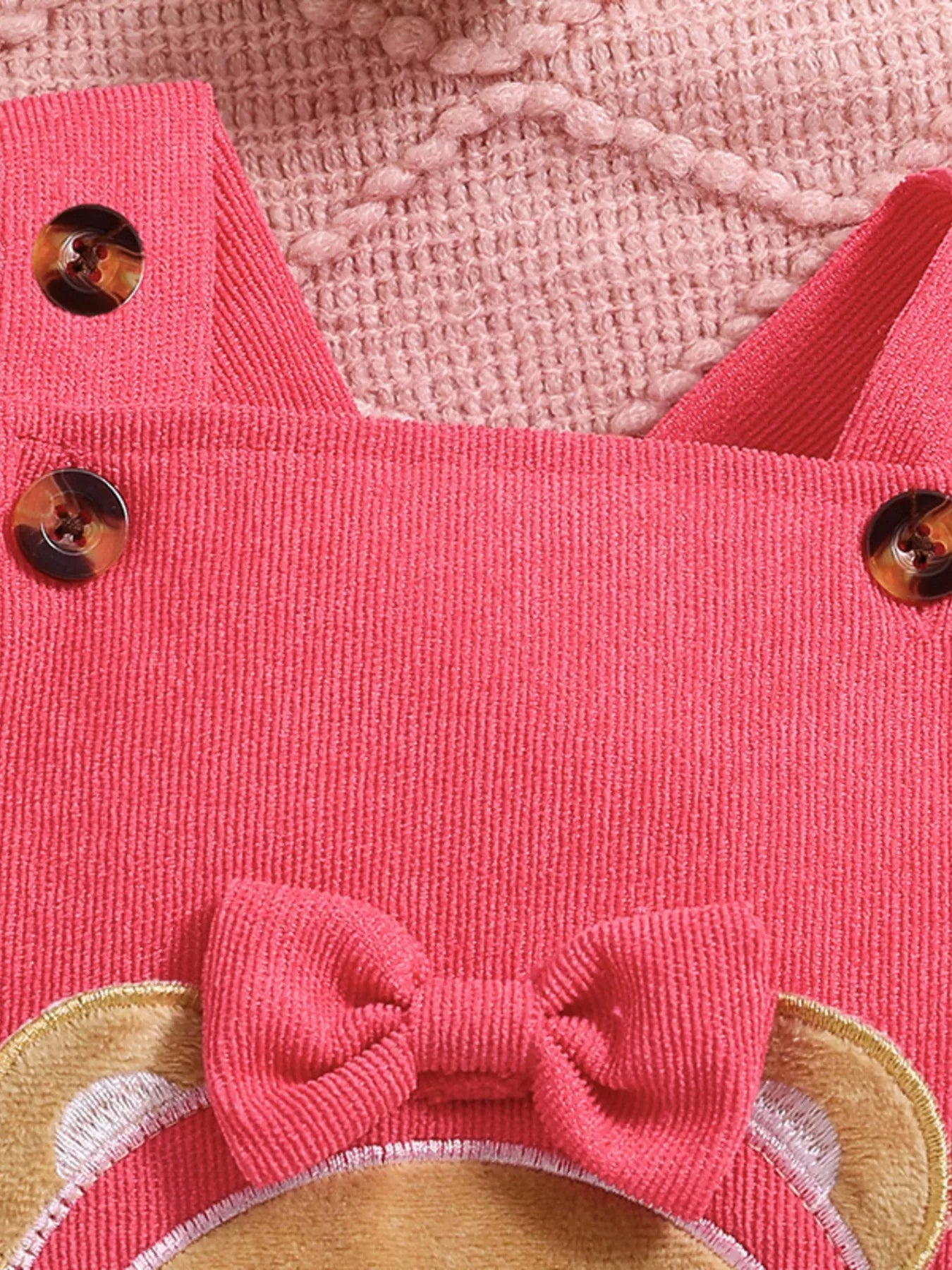 Children's Floral Print Ruffle Trim Bodysuit & Bear Applique Overalls Set 