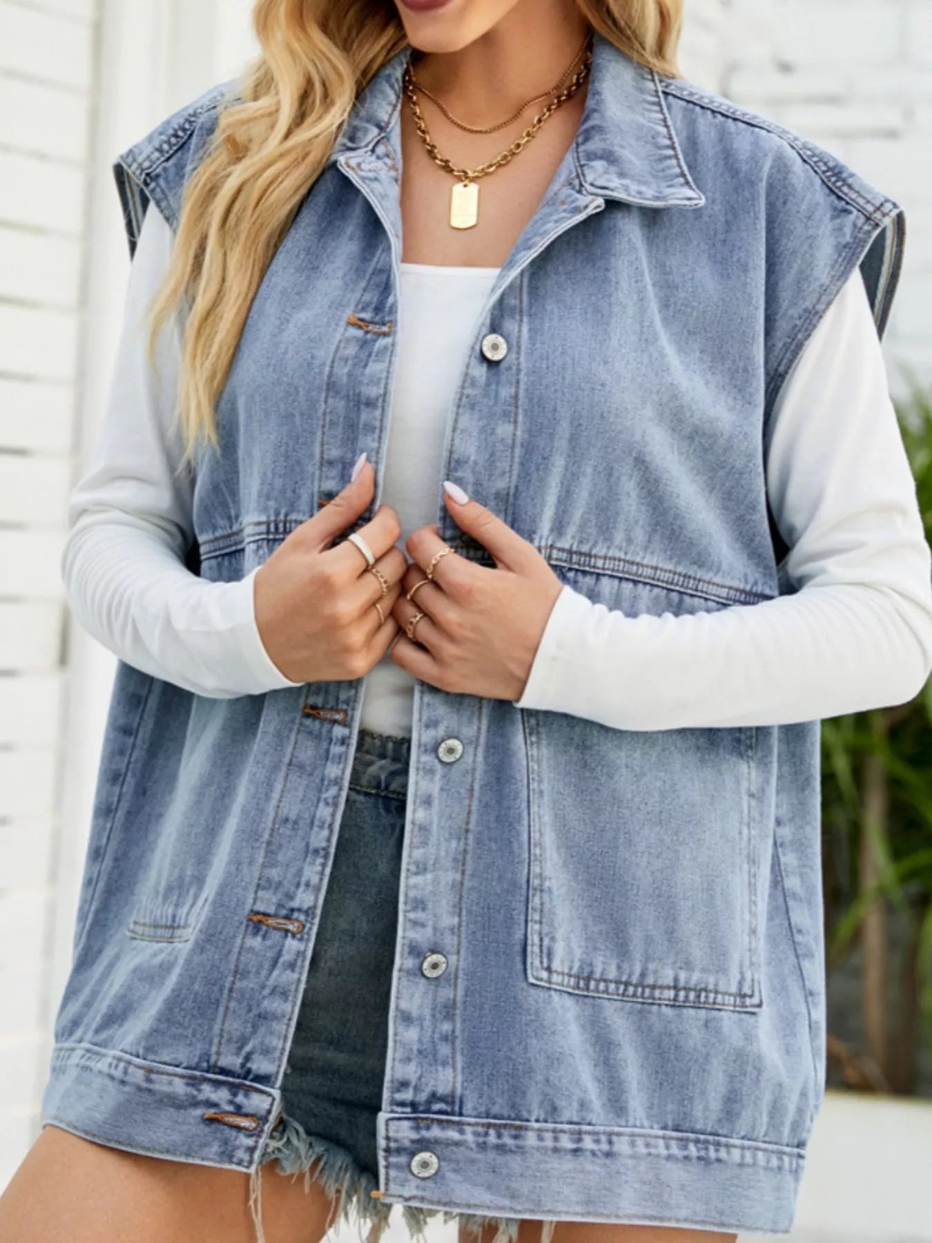 Sleeveless Button-Down Denim Jacket 