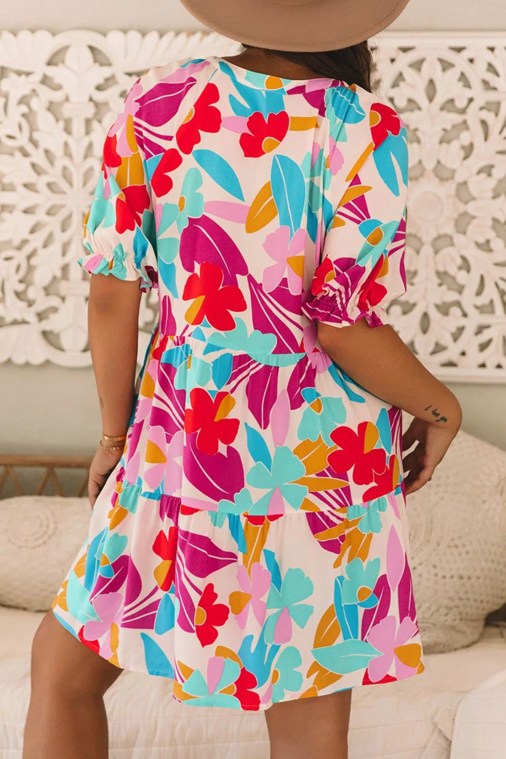 Floral Bubble Sleeve V Neck Tiered Ruffle Babydoll Dress 