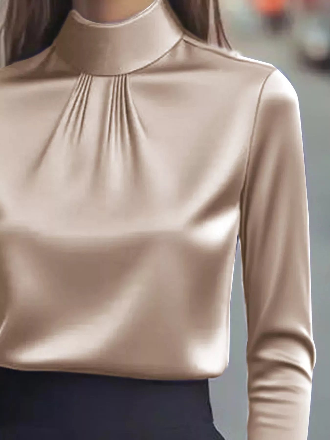 Mock Neck Long Sleeve Blouse with Pleated Detail 