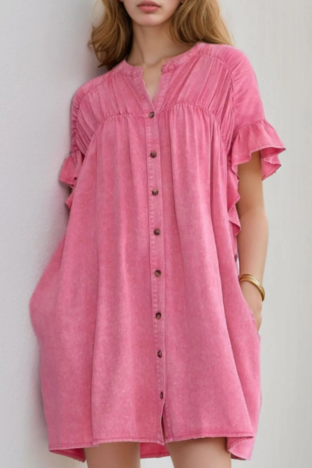 Ruffled Short Sleeve Buttoned Denim Mini Dress 