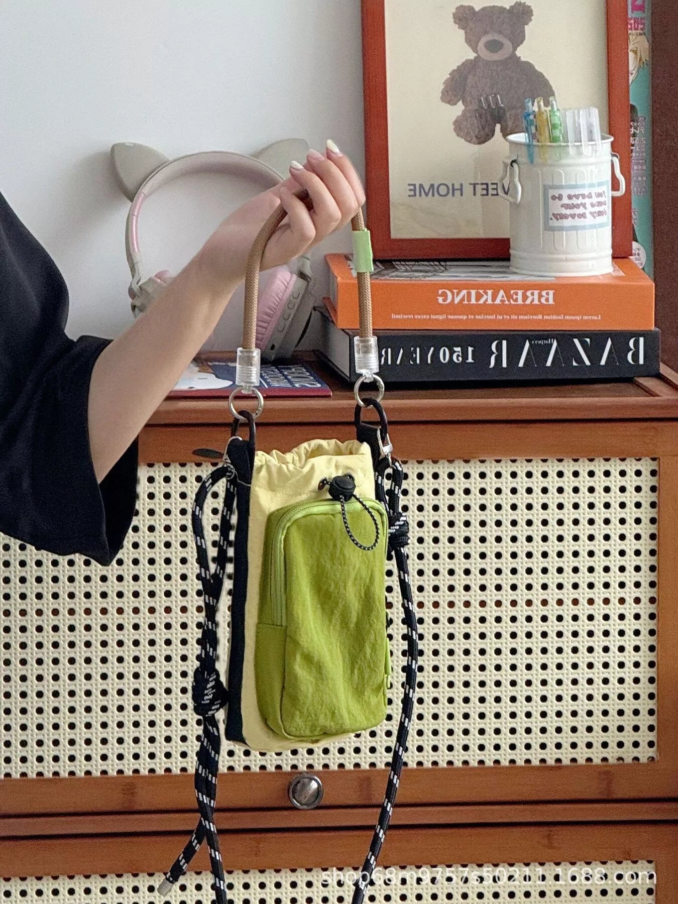 Drawstring Crossbody Bag with Front Pocket 