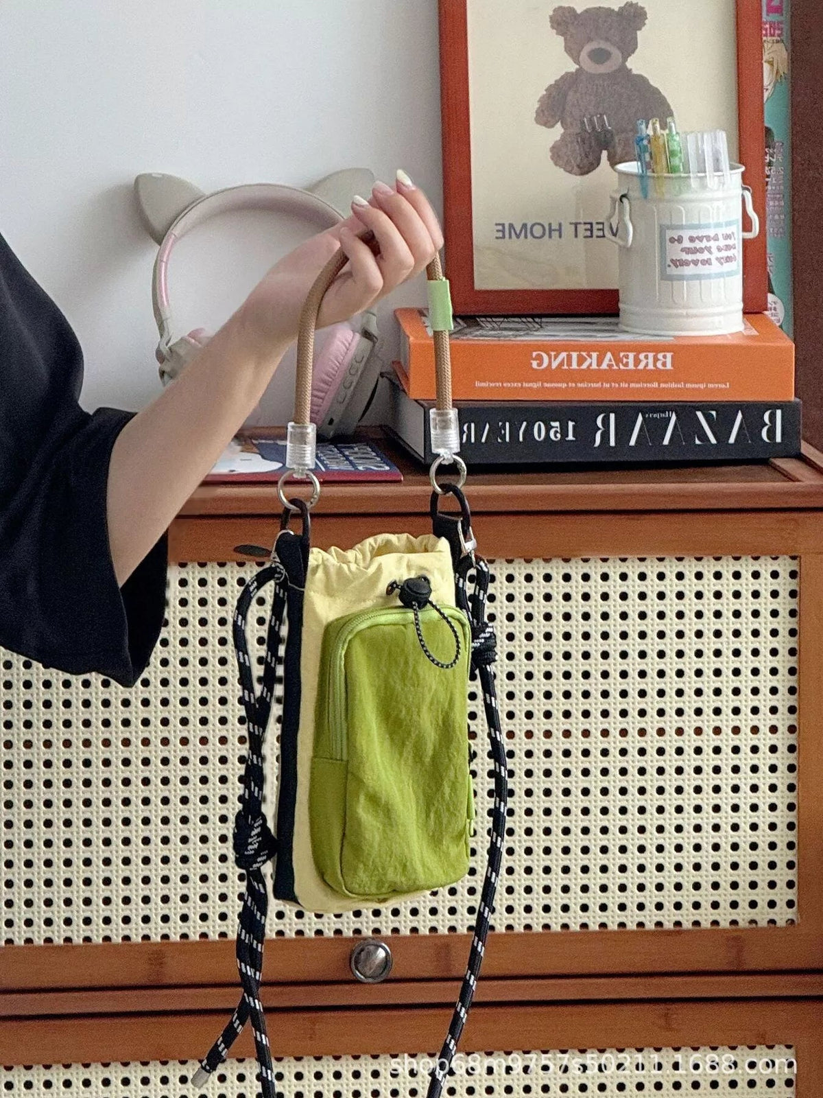 Drawstring Crossbody Bag with Front Pocket 