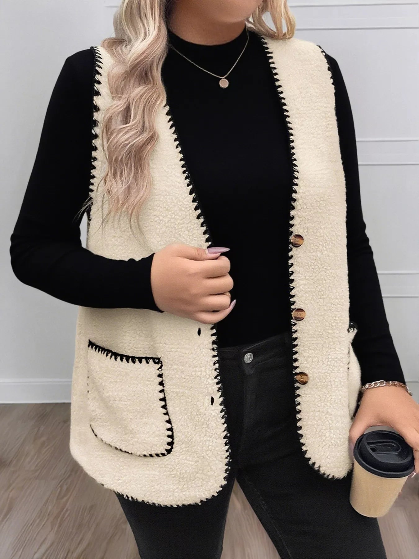 Plus Size Contrast Trim Button Up Vest Coat 