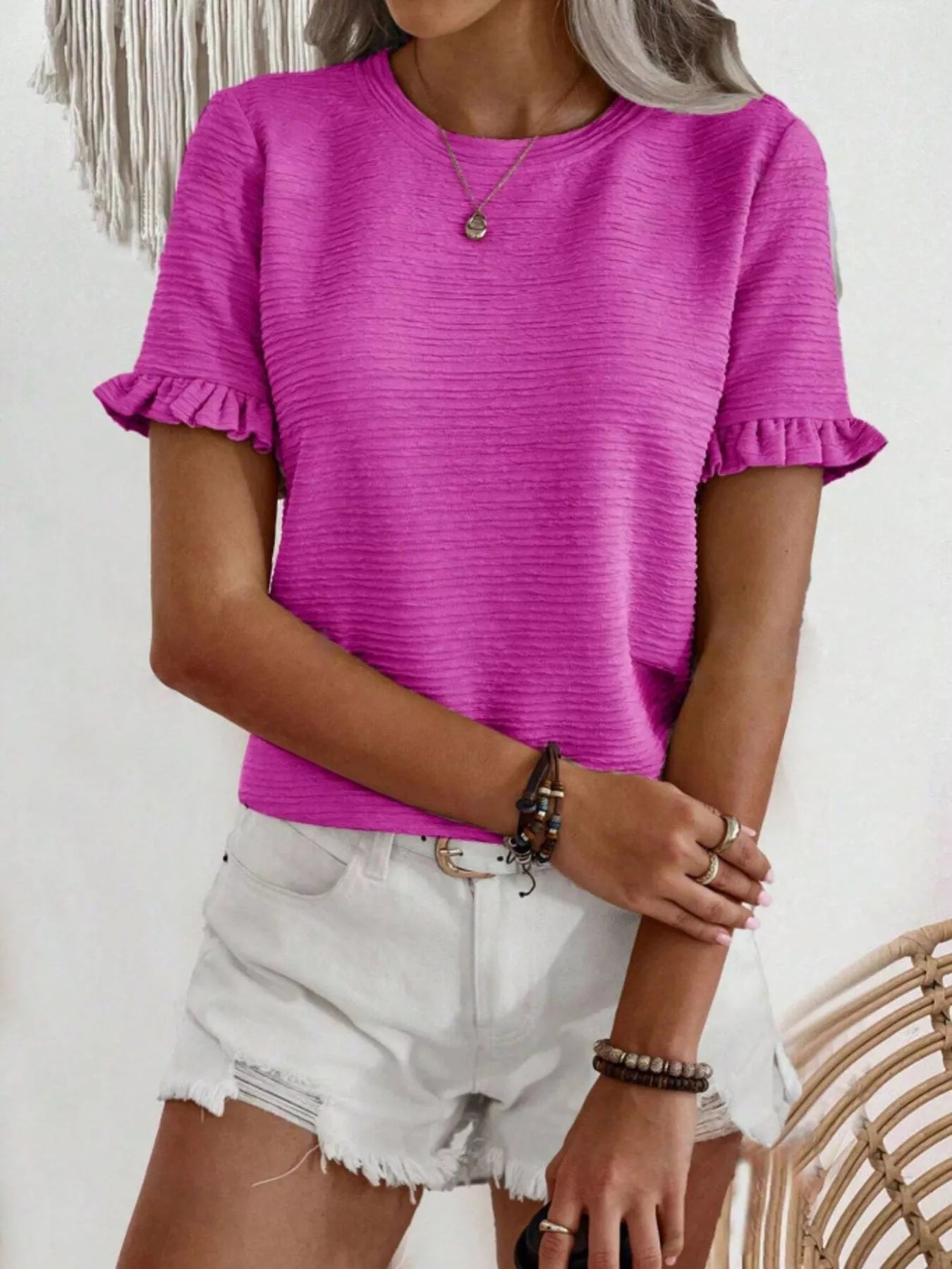 Textured Ruffle Sleeve Round Neck T-Shirt 