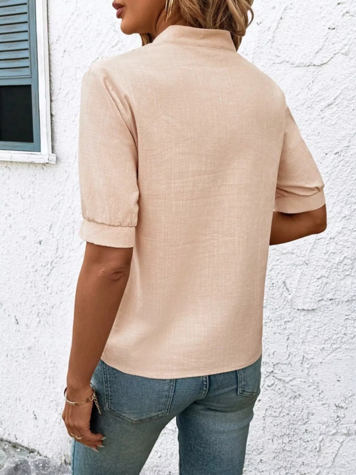 Embroidered Notched Short Sleeve Blouse 