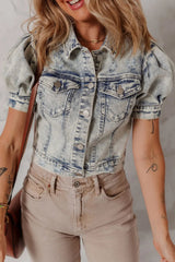 Wash Buttoned Chest Pocket Puff Sleeve Denim Jacket 