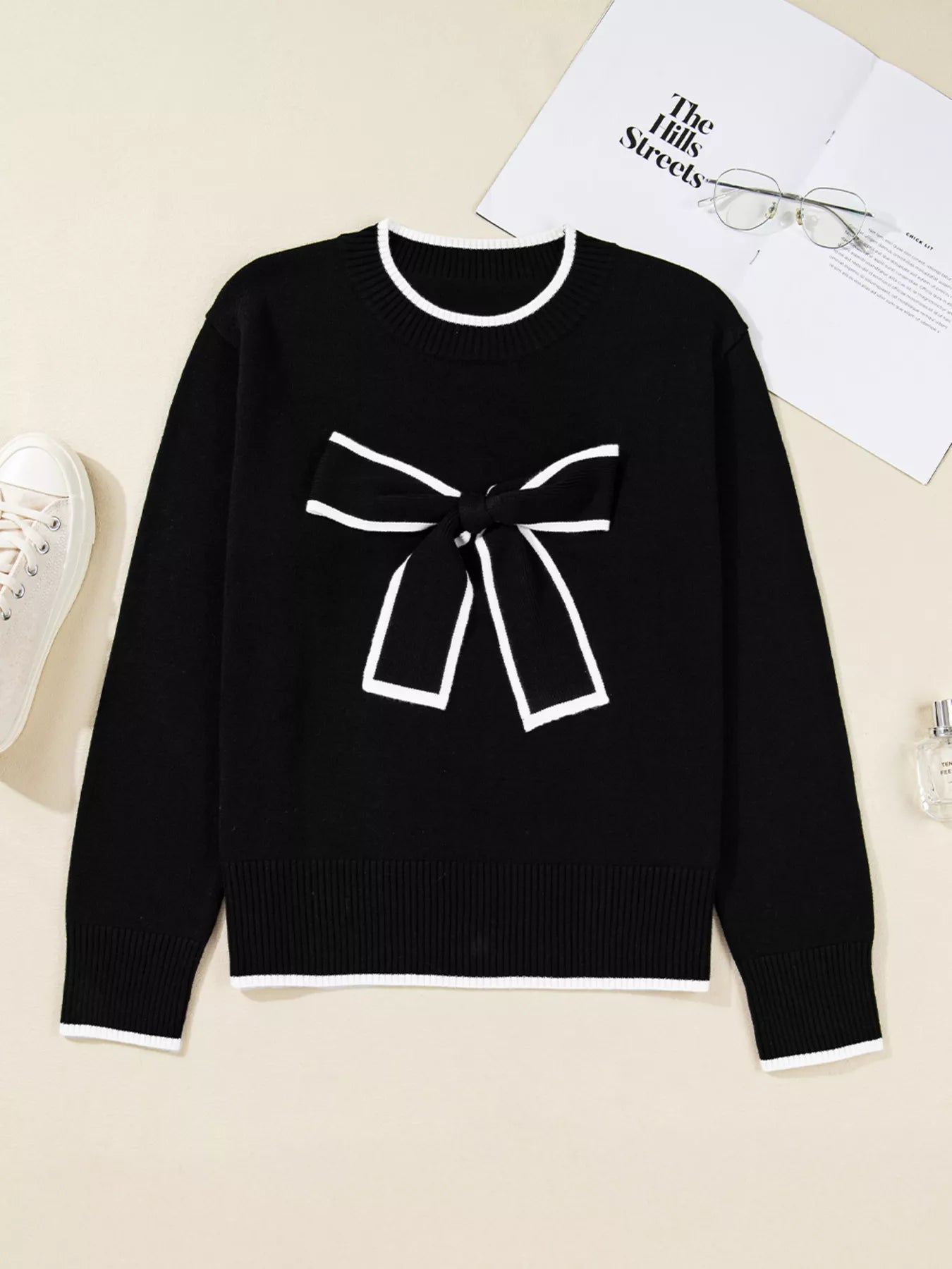 Contrast Trim Bow Accent Holiday Cropped Sweater 