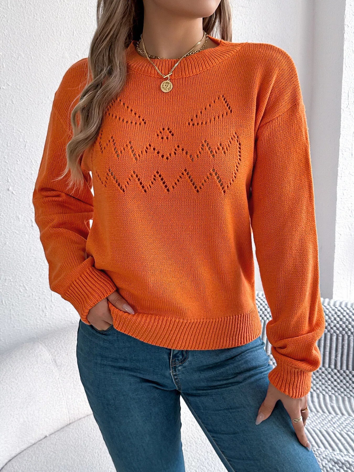 Openwork Round Neck Long Sleeve Sweater 