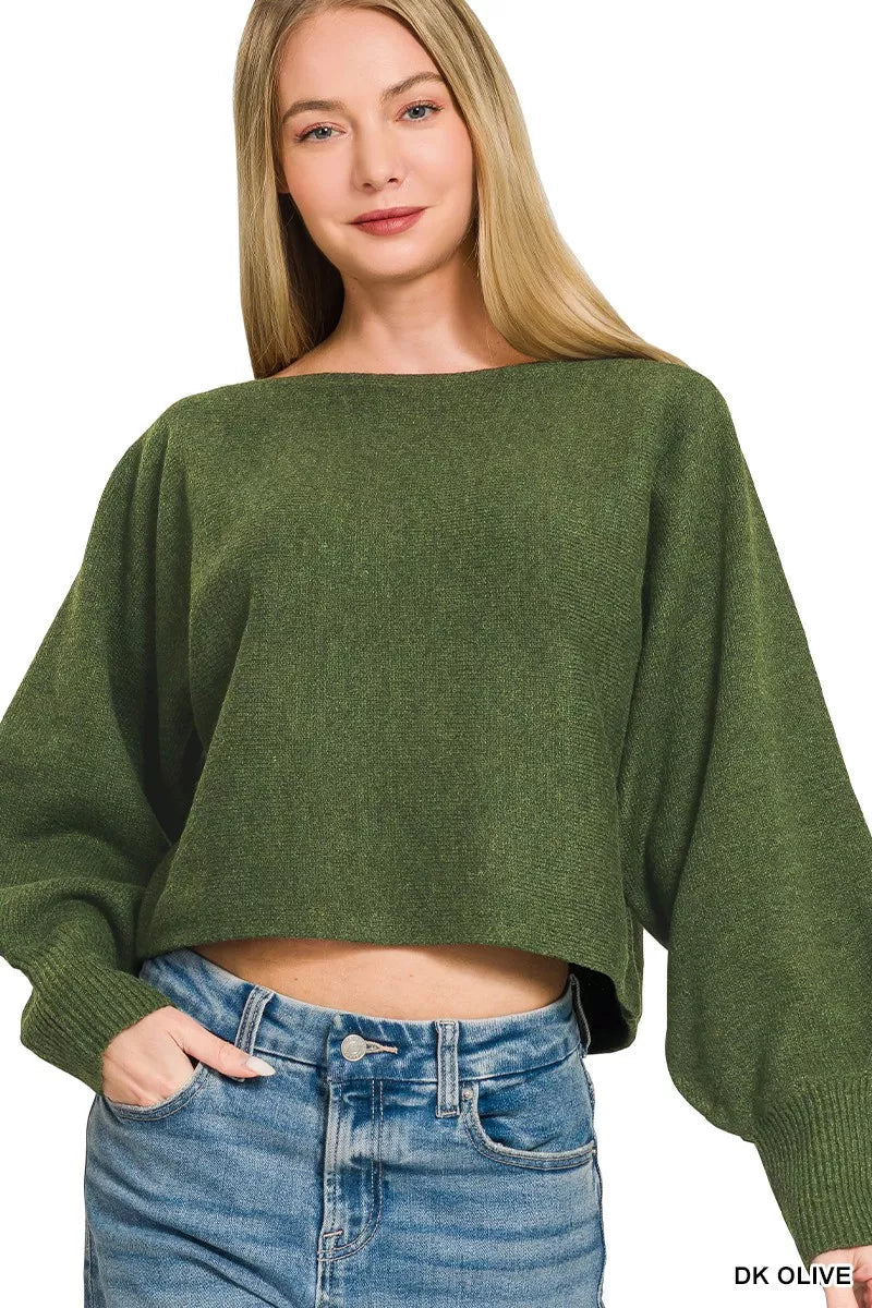 Zenana Boat Neck Balloon Sleeve Sweater 