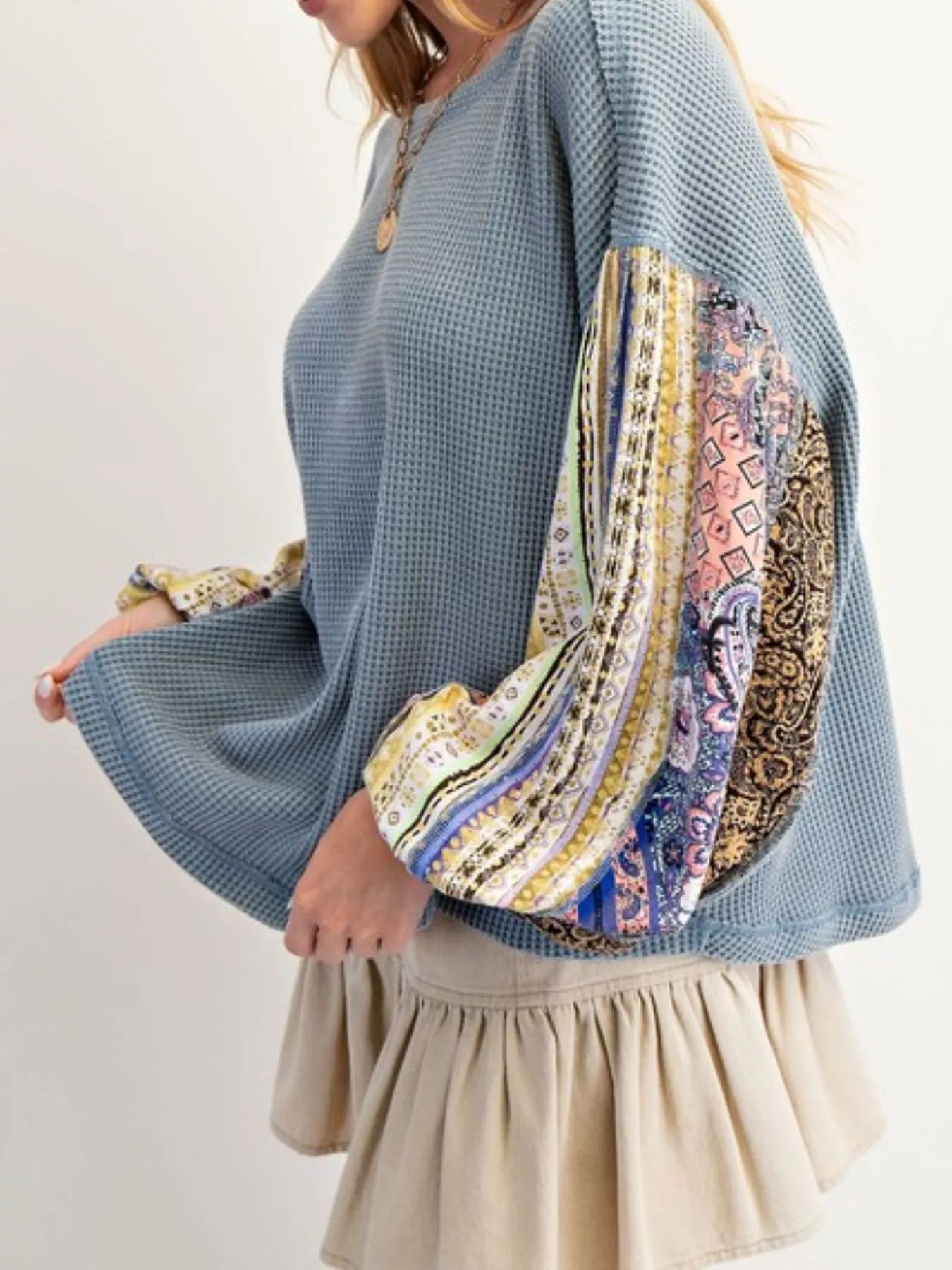 Waffle Knit Round Neck Dropped Shoulder Sweatshirt 