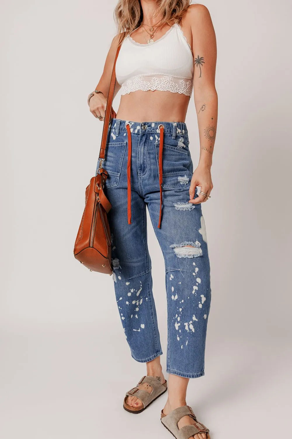 Distressed Splattering Paint Rope Waist Cropped Straight Jeans 