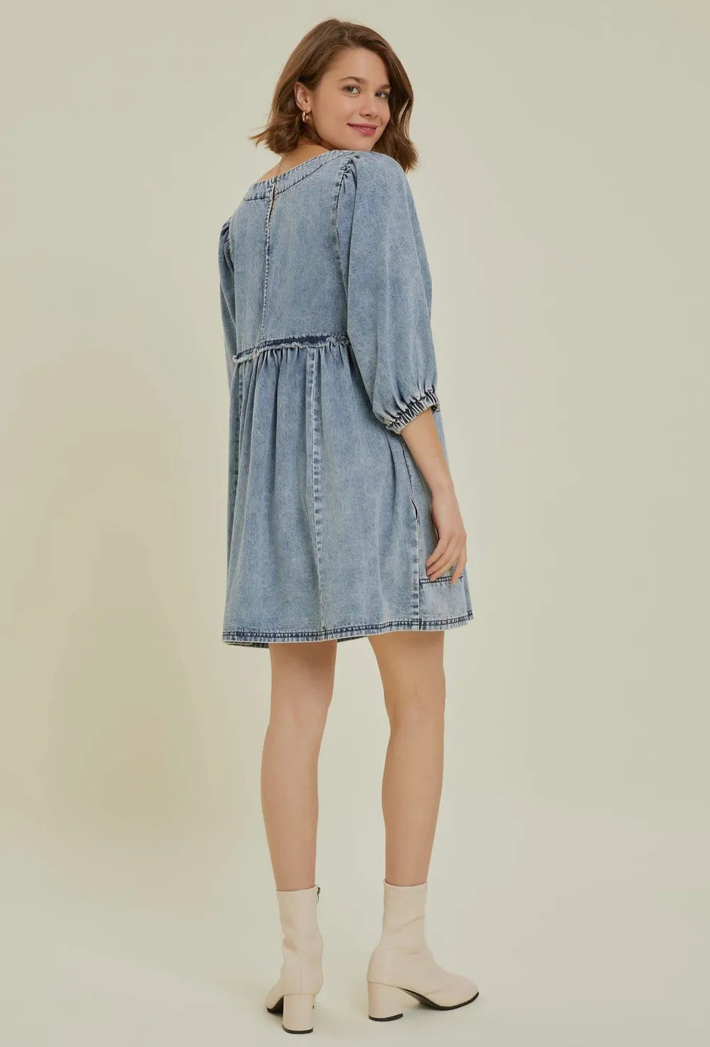 Cutout Round Neck Balloon Sleeve Denim Dress 
