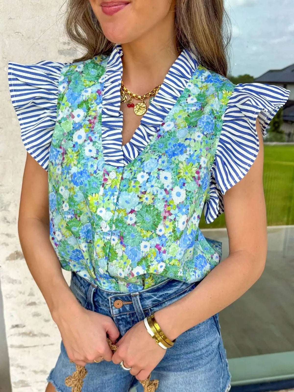 Floral Painting Print Striped Patchwork Flutter Sleeve V Neck Blouse 