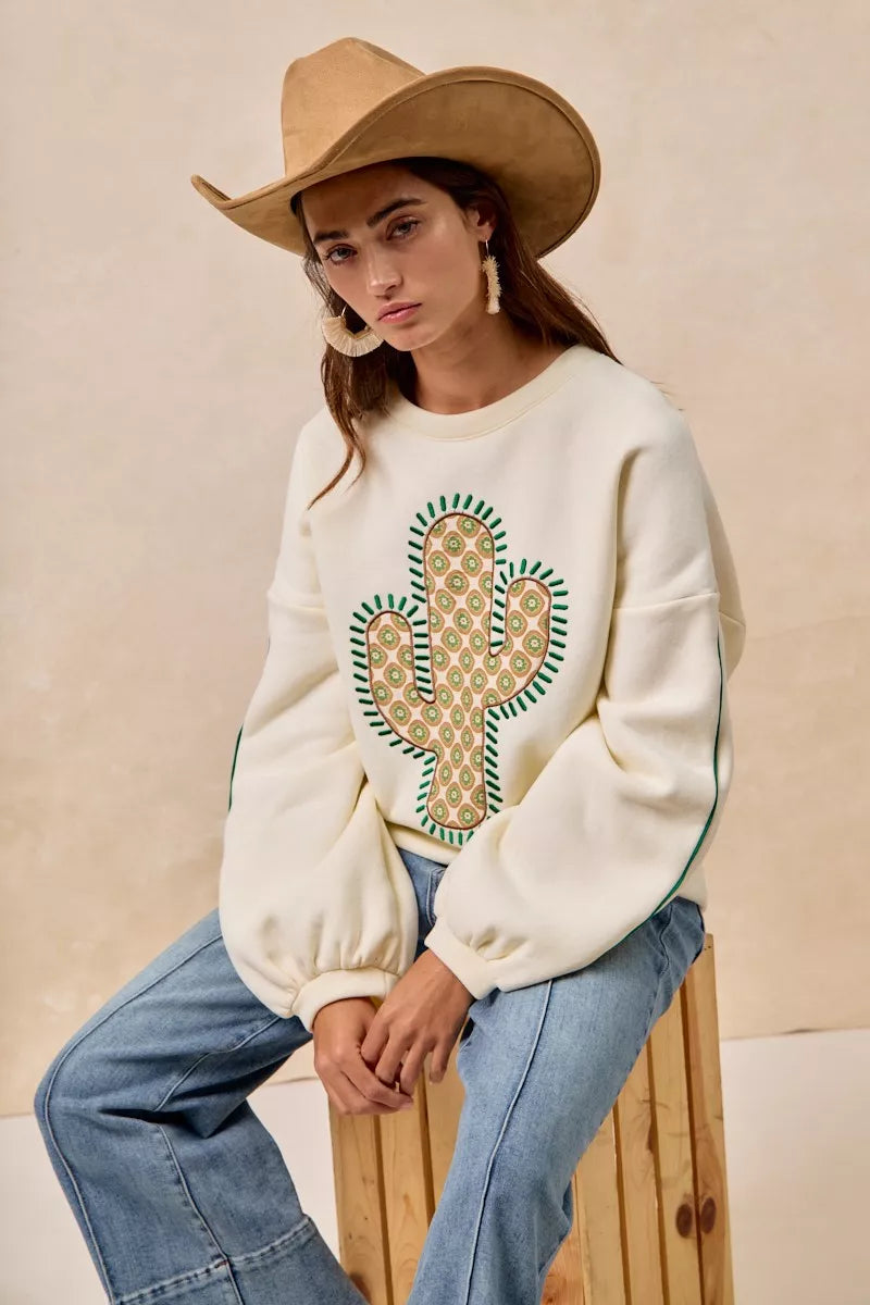 BiBi Cactus Embroidered Fleece Sweatshirt 