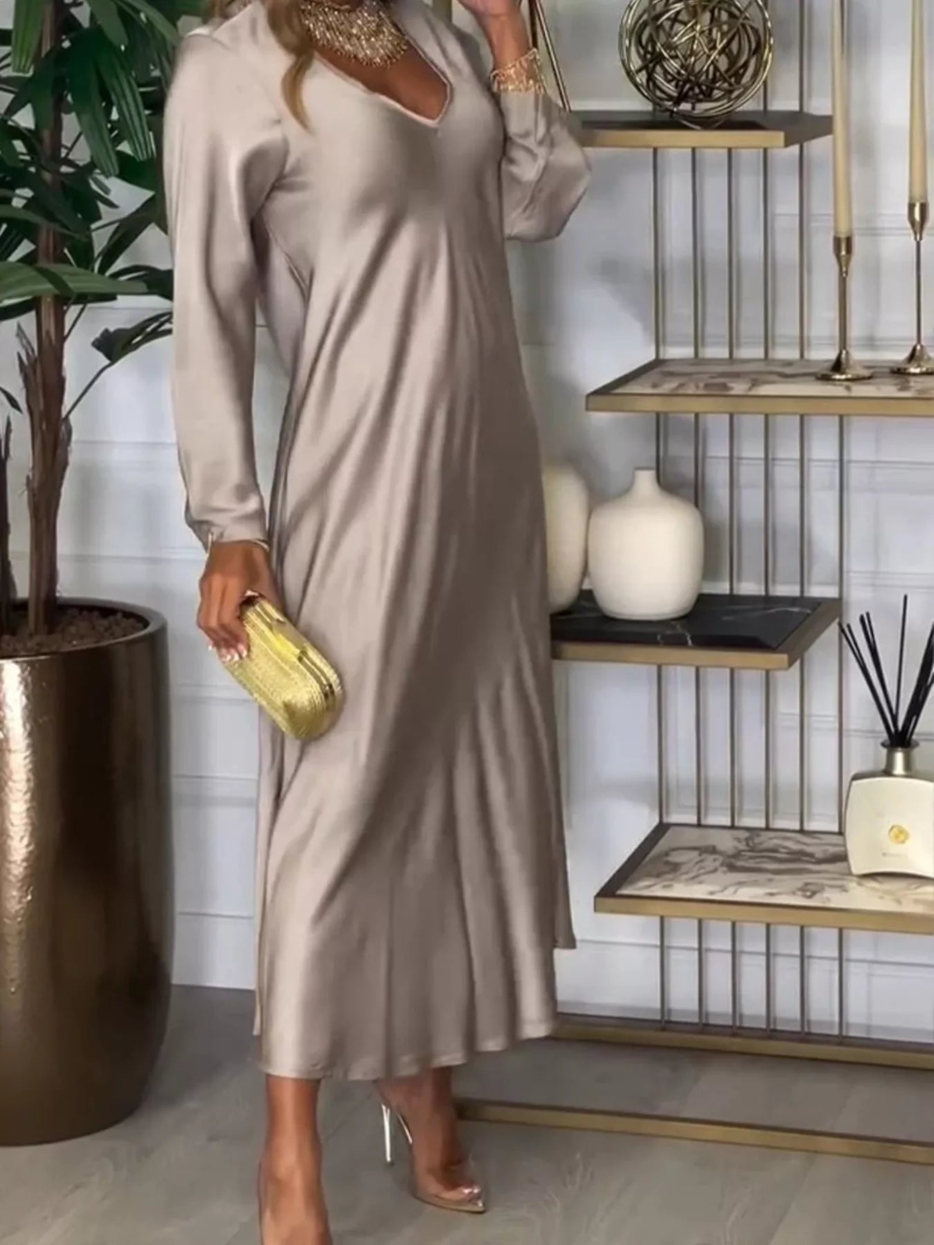Full Size V-Neck Long Sleeve Midi Dress Plus Size 