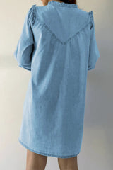 Button Up Notched Long Sleeve Denim Dress 