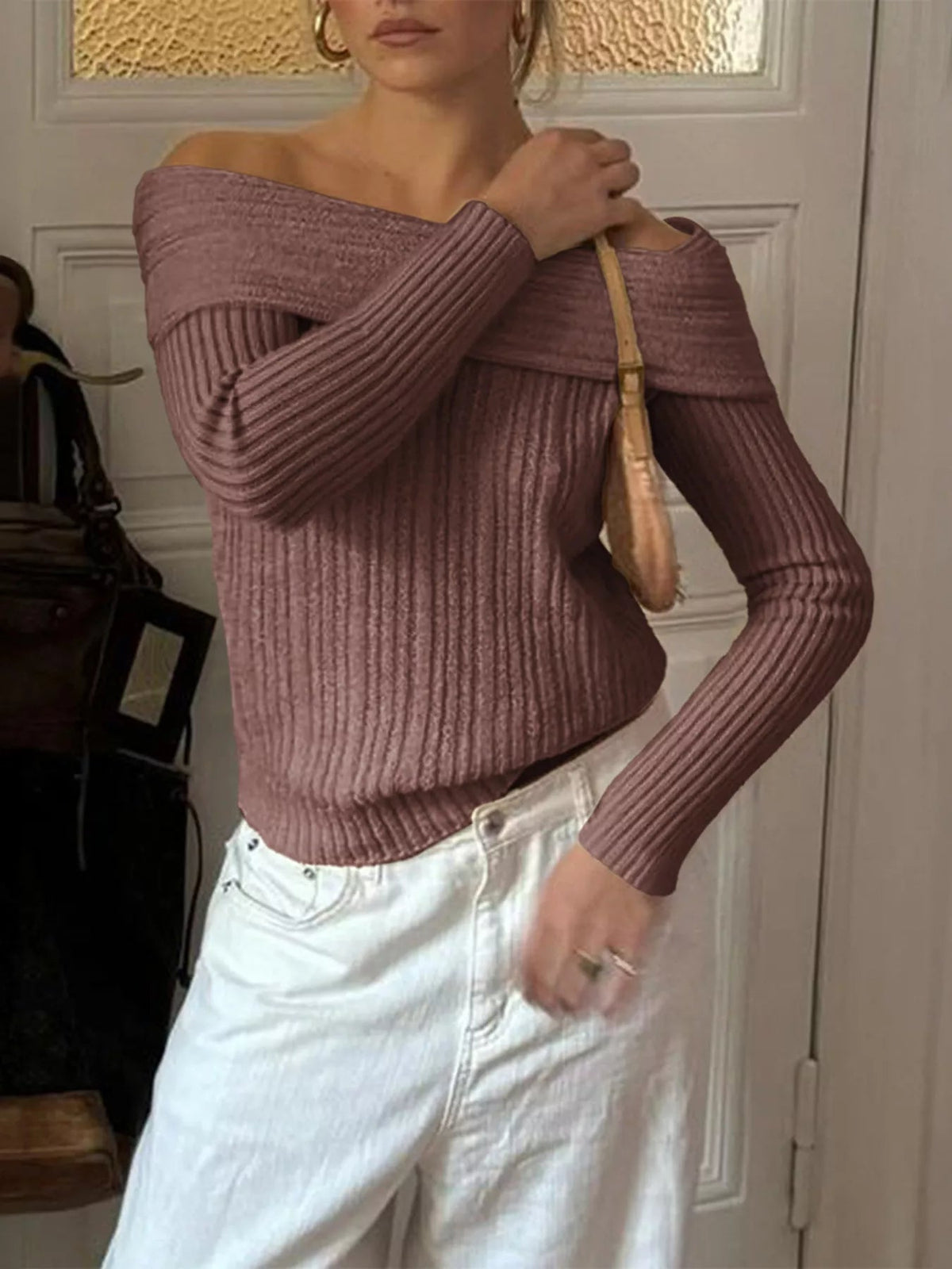 Off-Shoulder Ribbed Knit Sweater 