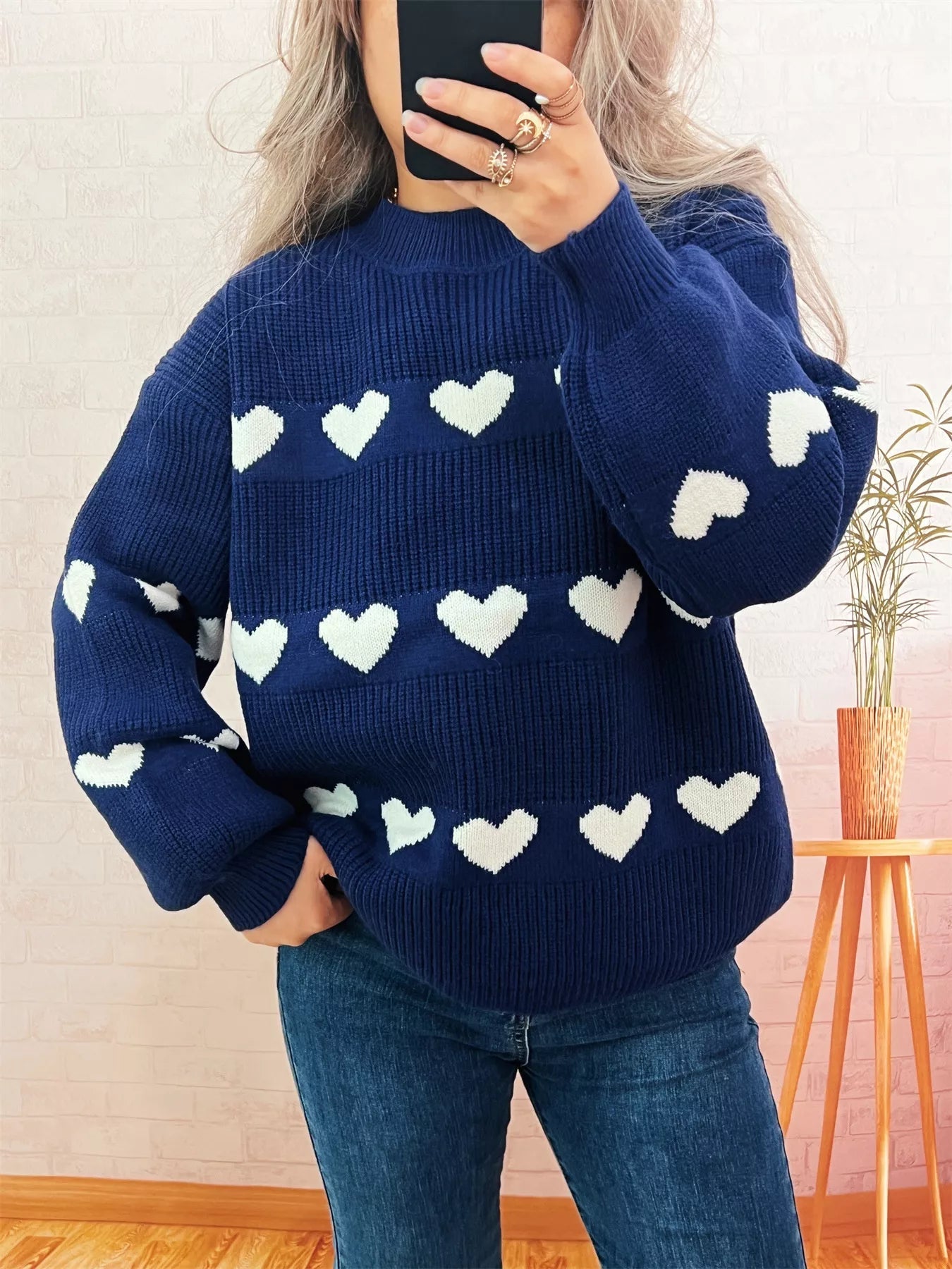 Heart Pattern Dropped Shoulder Sweater 