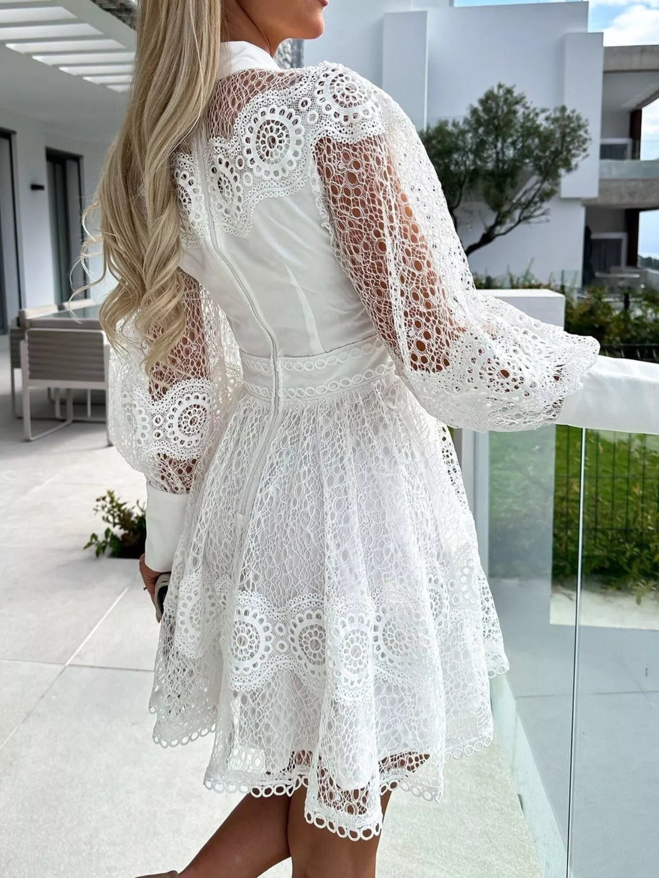 Lace Lantern Sleeve Mini Dress 