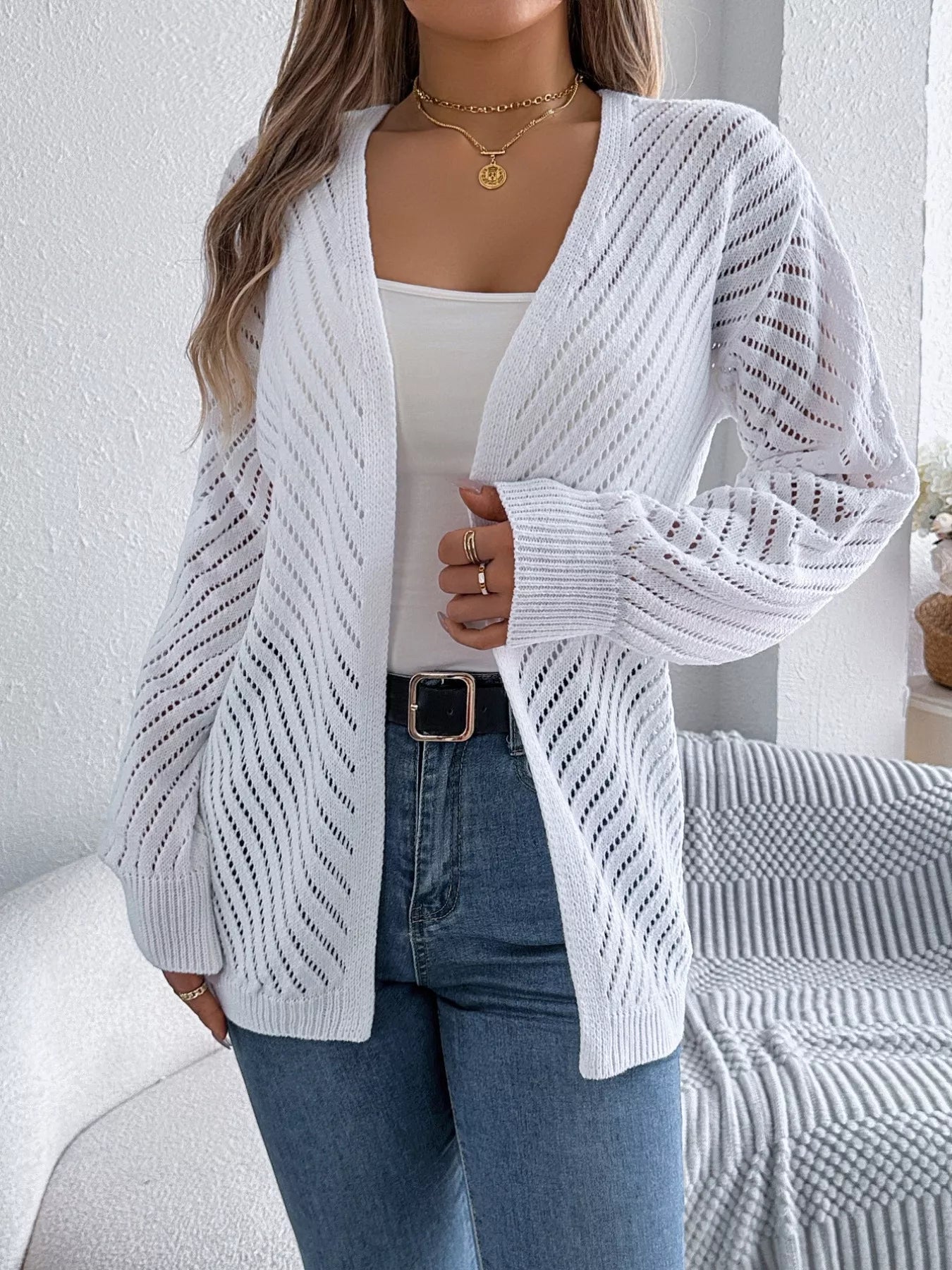 Openwork Open-Front Long Sleeve Cardigan 