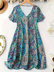 Plus Size Paisley Print V-Neck Short Sleeve Dress 