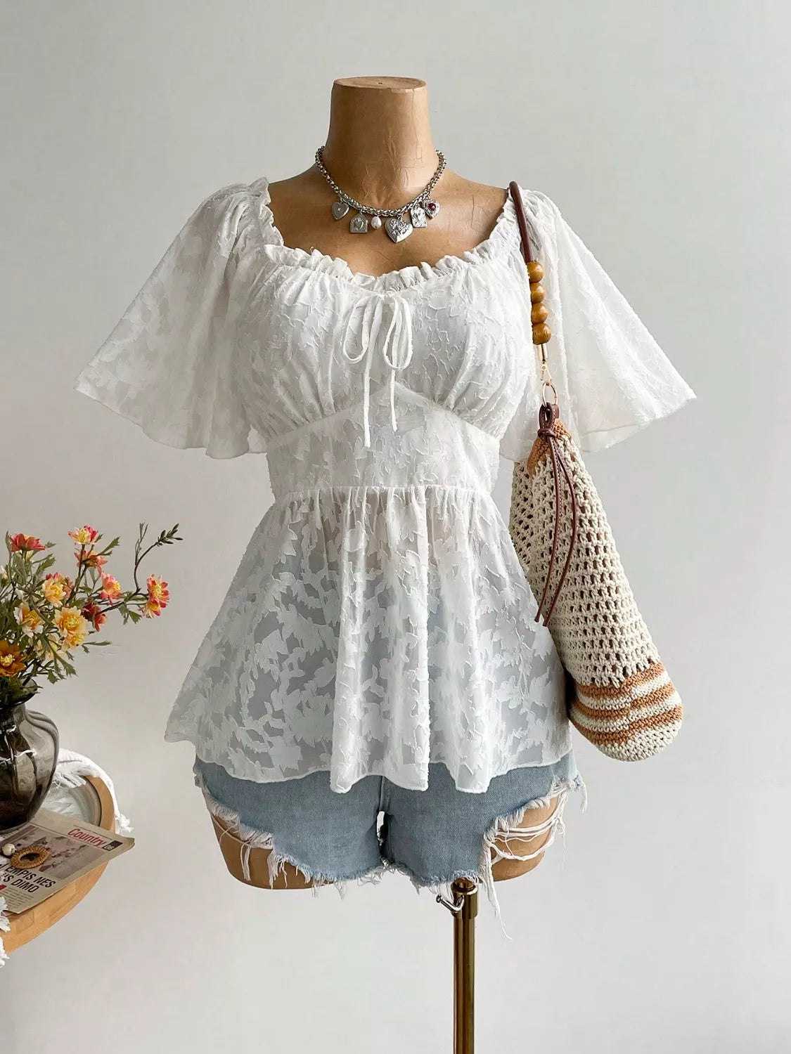 Plus Size Floral Flutter Sleeve Blouse with Smocked Back 