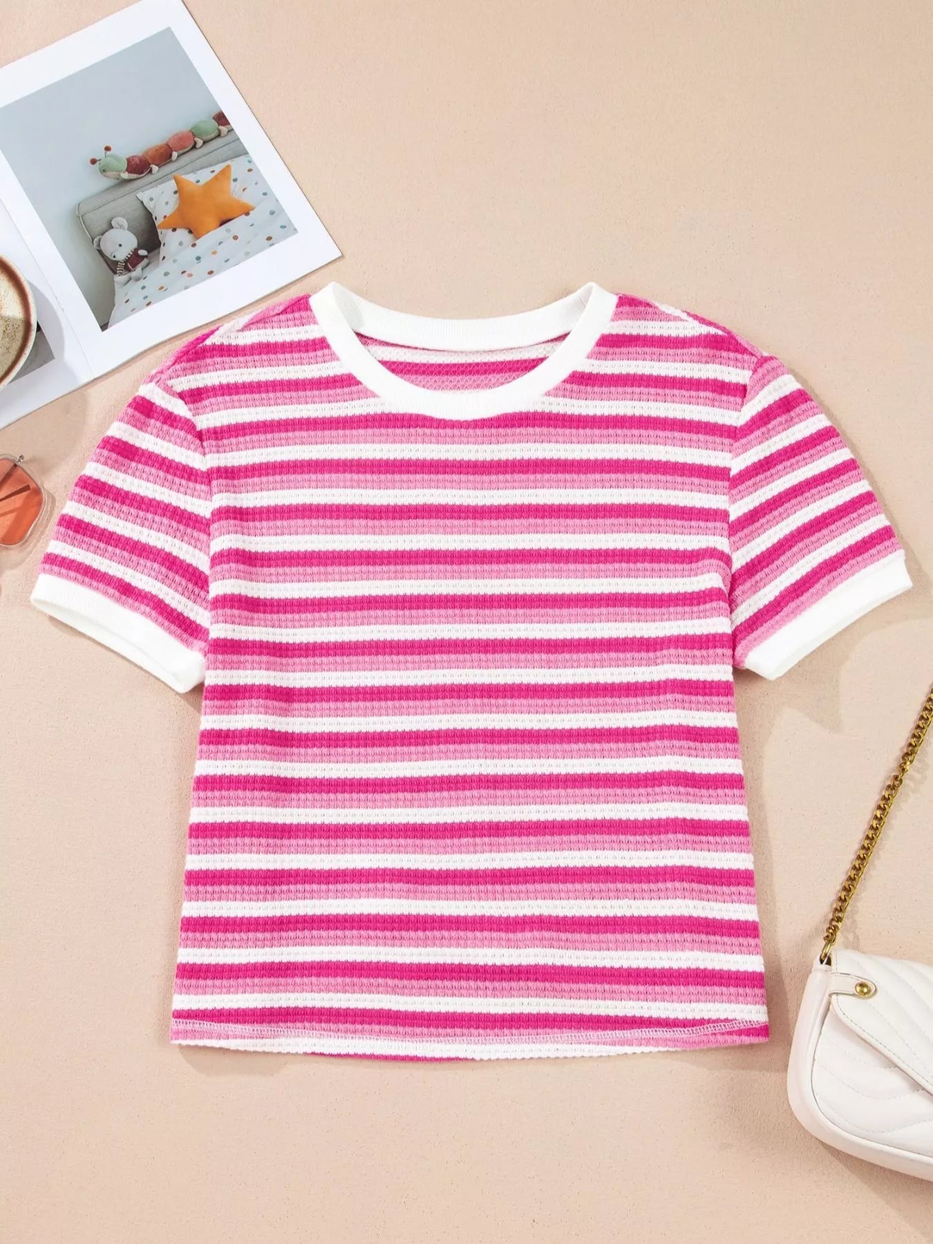 Textured Knit Short Sleeve Crossed Detail Tee 