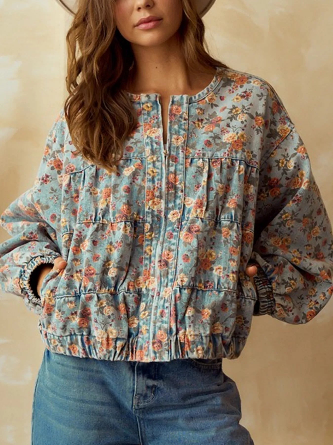 Floral Print Zip Up Cropped Denim Jacket 