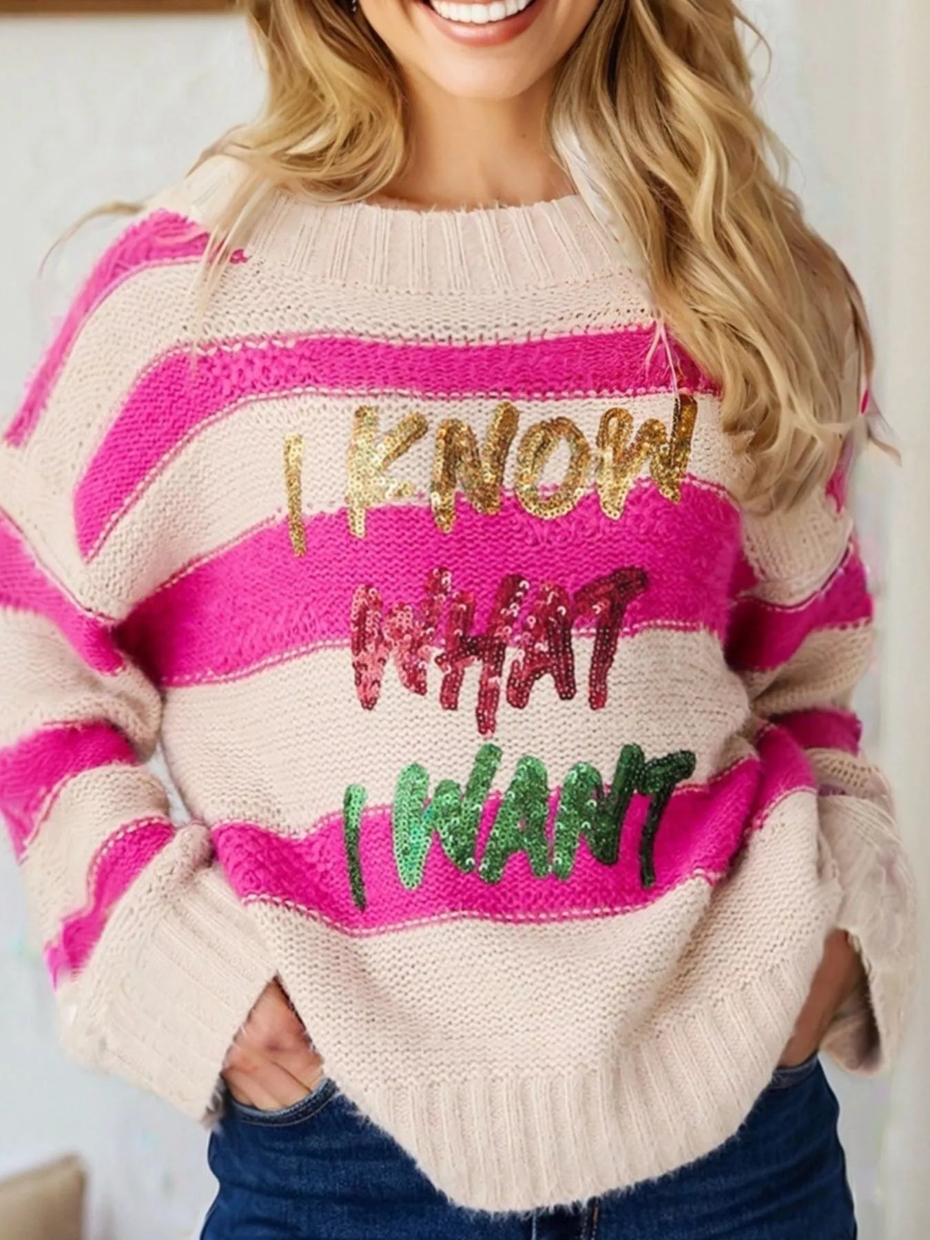 Sequin Letter Graphic Colorblock Loose Sweater 