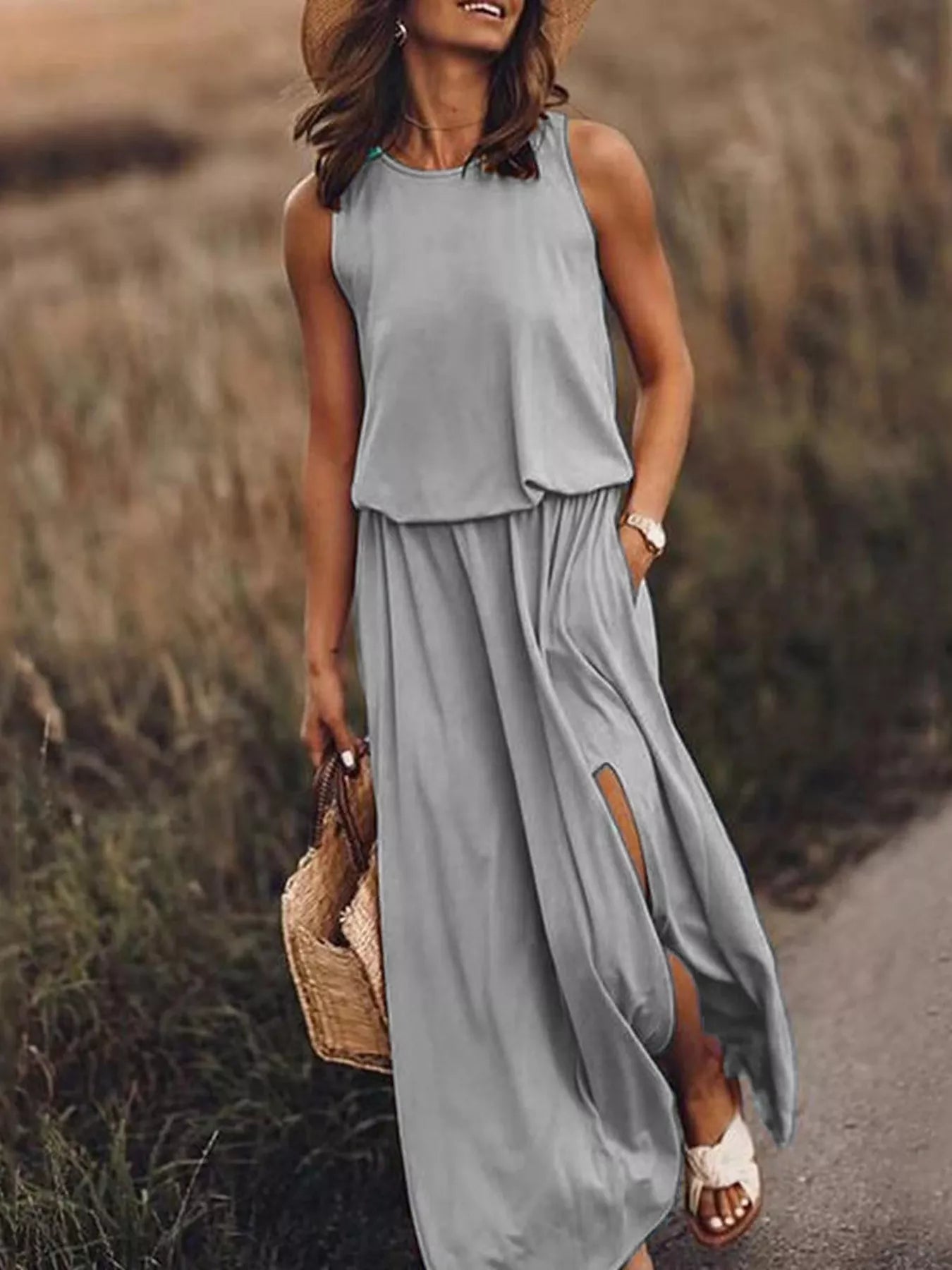 Full Size Round Neck Sleeveless Slit Maxi Dress Plus Size 