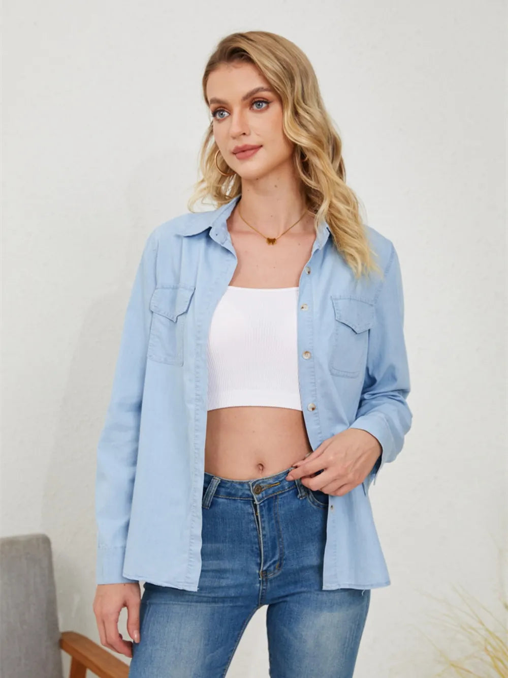 Pocketed Button Up Long Sleeve Denim Shirt 