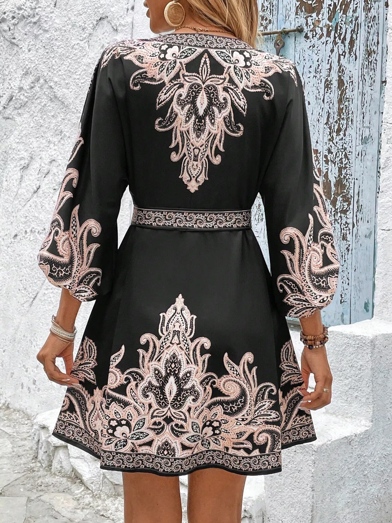 Printed Balloon Sleeve Mini Dress 