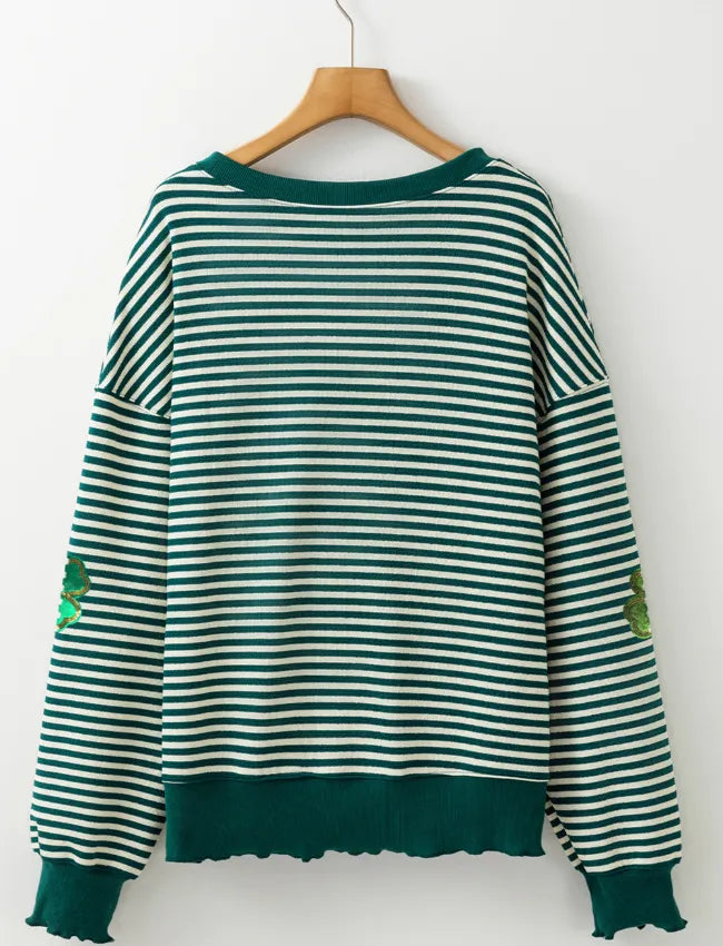 Stripe Lucky Clover Drop Shoulder Sweatshirt 