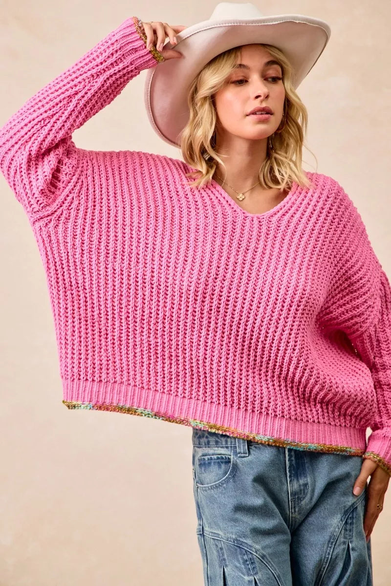 BiBi V-Neck Sweater with Colorful Trim 