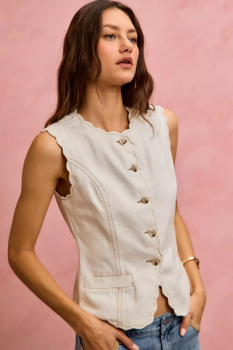 SO ME Scalloped Edge Cotton Twill Washed Vest Top 