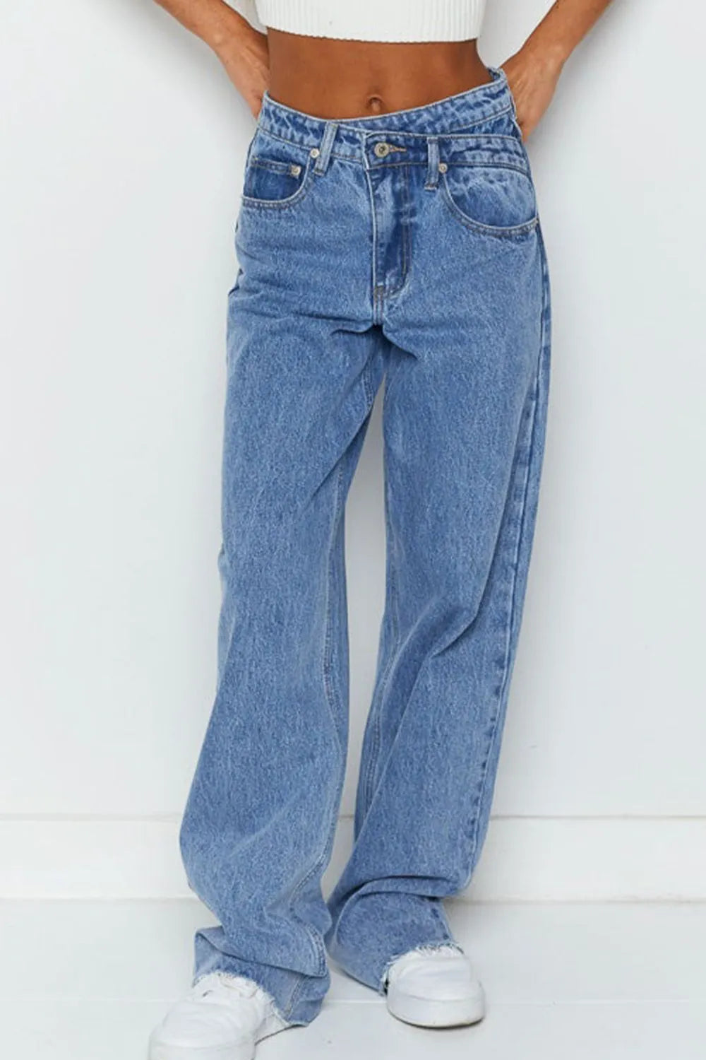 Mid Rise Asymmetrical Waist Wide Leg Jeans 